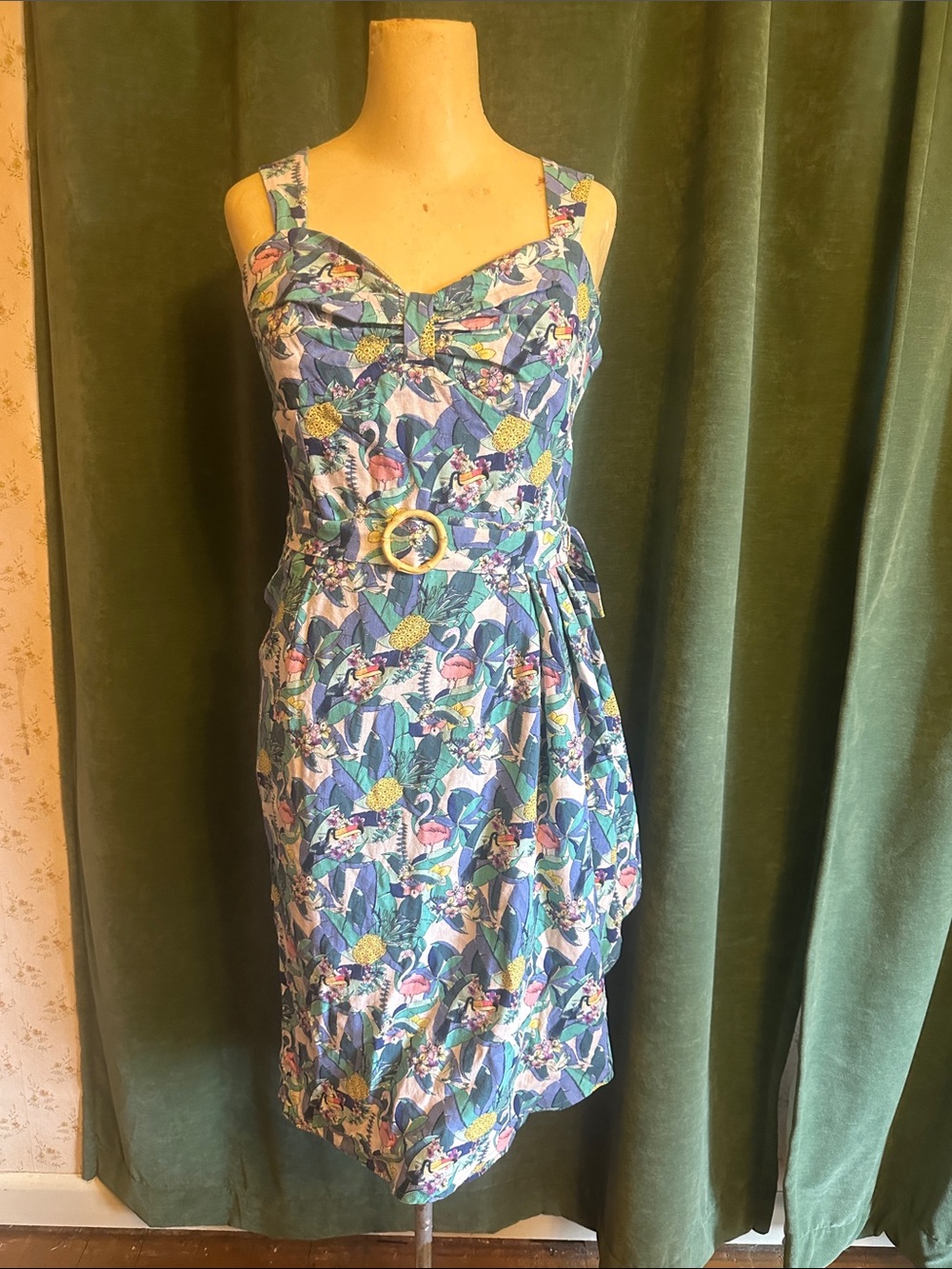 Blue Tropical Print Sundress with Belt